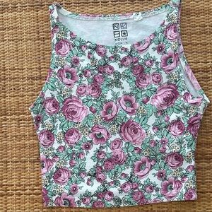Nollie Pink Floral Crop Top with Green Leaf Print